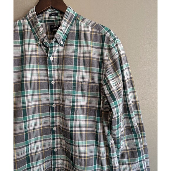J.Crew Size Large Plaid Shirt Mens Button Down Top Green Slim Fit White Stretch - Picture 3 of 4